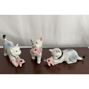 Set Of 3 Vintage Porcelain Cat Figurines Playing With Fish Hand Painted
